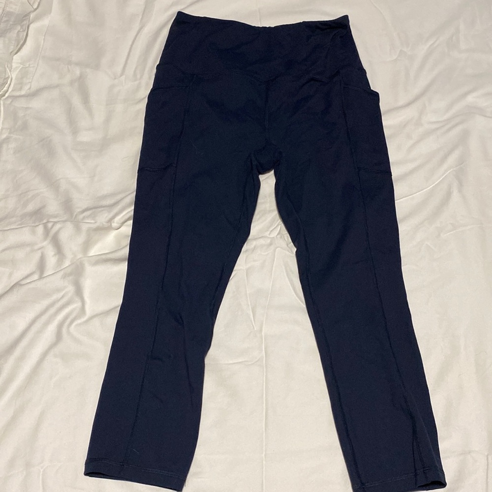 Blue womens exercise capris with pockets